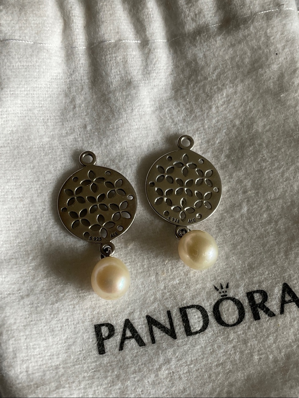 Pandora Silver Medallion Drop Earrings with Cream Pearl